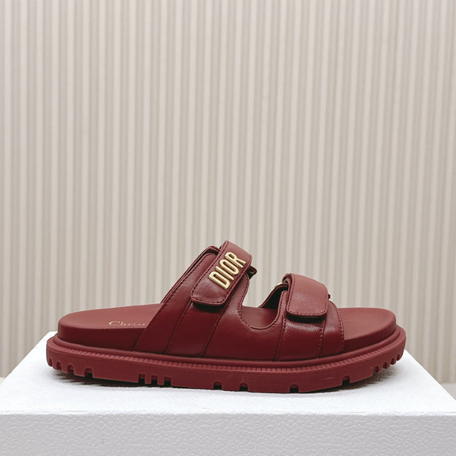 DIOR CLASSIC DOUBLE-STRAP SLIDES 25S IN DARK RED CALFSKIN