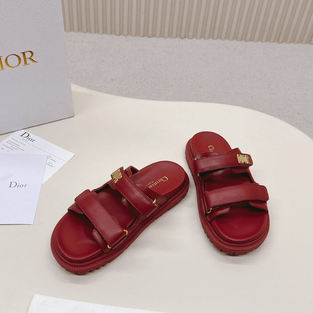 DIOR CLASSIC DOUBLE-STRAP SLIDES 25S IN DARK RED CALFSKIN