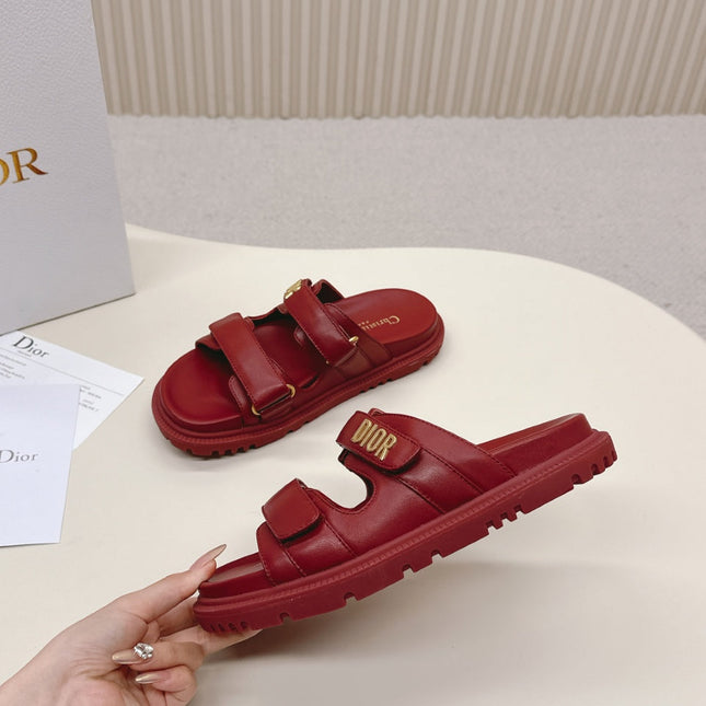 DIOR CLASSIC DOUBLE-STRAP SLIDES 25S IN DARK RED CALFSKIN