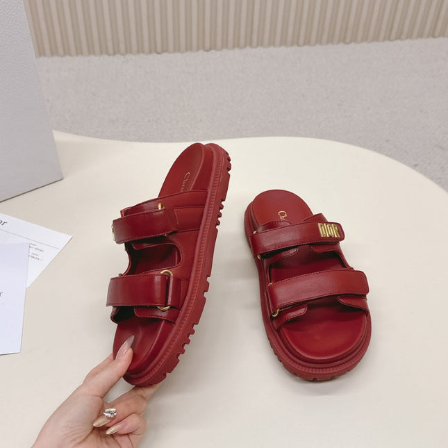 DIOR CLASSIC DOUBLE-STRAP SLIDES 25S IN DARK RED CALFSKIN