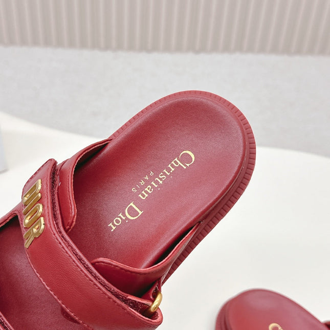 DIOR CLASSIC DOUBLE-STRAP SLIDES 25S IN DARK RED CALFSKIN