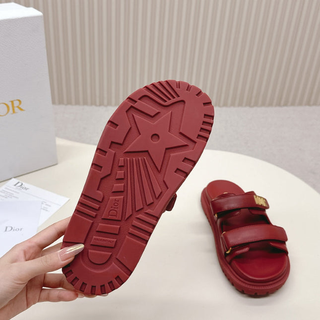 DIOR CLASSIC DOUBLE-STRAP SLIDES 25S IN DARK RED CALFSKIN
