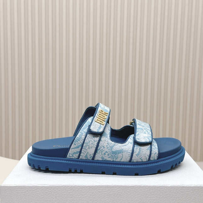 DIOR CLASSIC DOUBLE-STRAP SLIDES 25S IN OCEAN BLUE FABRIC AND CALFSKIN