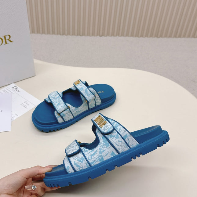 DIOR CLASSIC DOUBLE-STRAP SLIDES 25S IN OCEAN BLUE FABRIC AND CALFSKIN