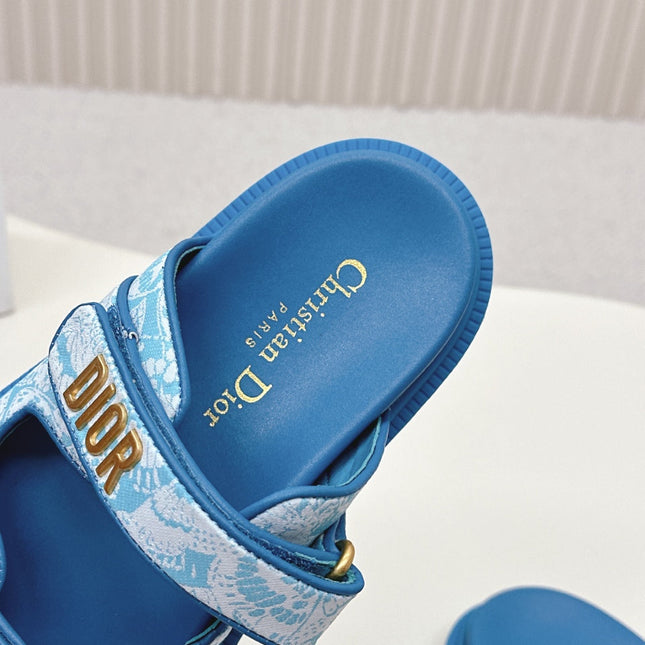 DIOR CLASSIC DOUBLE-STRAP SLIDES 25S IN OCEAN BLUE FABRIC AND CALFSKIN