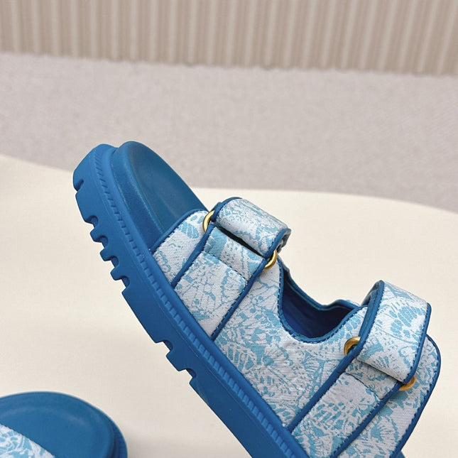 DIOR CLASSIC DOUBLE-STRAP SLIDES 25S IN OCEAN BLUE FABRIC AND CALFSKIN