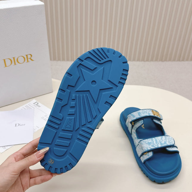 DIOR CLASSIC DOUBLE-STRAP SLIDES 25S IN OCEAN BLUE FABRIC AND CALFSKIN