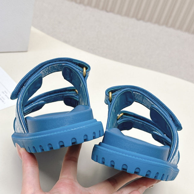 DIOR CLASSIC DOUBLE-STRAP SLIDES 25S IN OCEAN BLUE FABRIC AND CALFSKIN