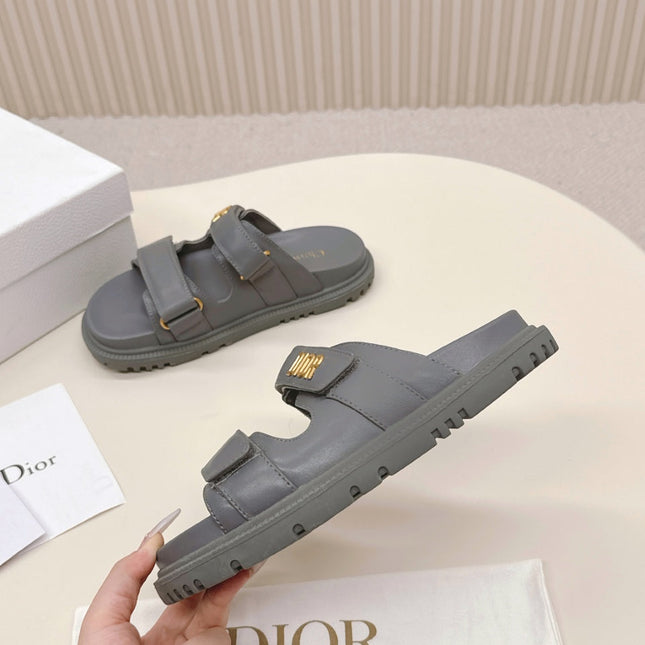 DIOR CLASSIC DOUBLE-STRAP SLIDES 25S IN ASH GRAY CALFSKIN