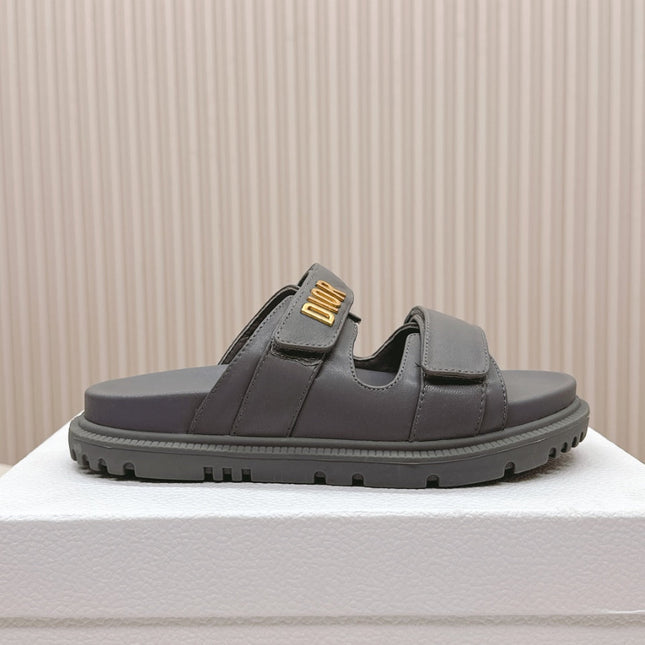 DIOR CLASSIC DOUBLE-STRAP SLIDES 25S IN ASH GRAY CALFSKIN