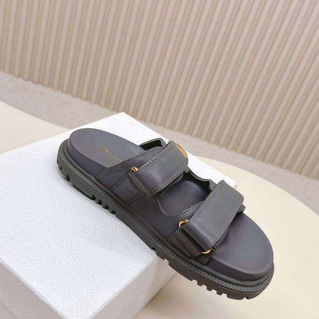 DIOR CLASSIC DOUBLE-STRAP SLIDES 25S IN ASH GRAY CALFSKIN