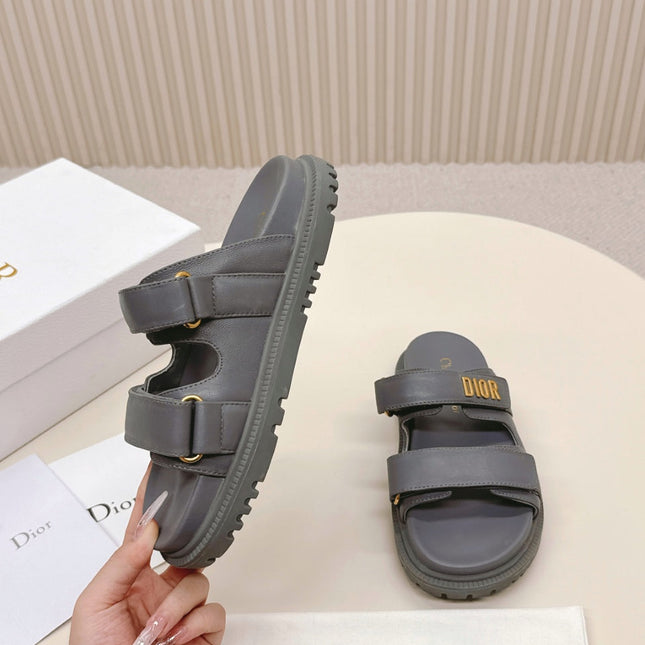 DIOR CLASSIC DOUBLE-STRAP SLIDES 25S IN ASH GRAY CALFSKIN