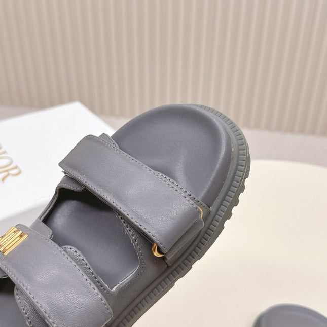 DIOR CLASSIC DOUBLE-STRAP SLIDES 25S IN ASH GRAY CALFSKIN