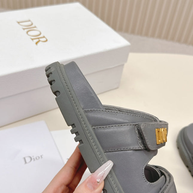 DIOR CLASSIC DOUBLE-STRAP SLIDES 25S IN ASH GRAY CALFSKIN