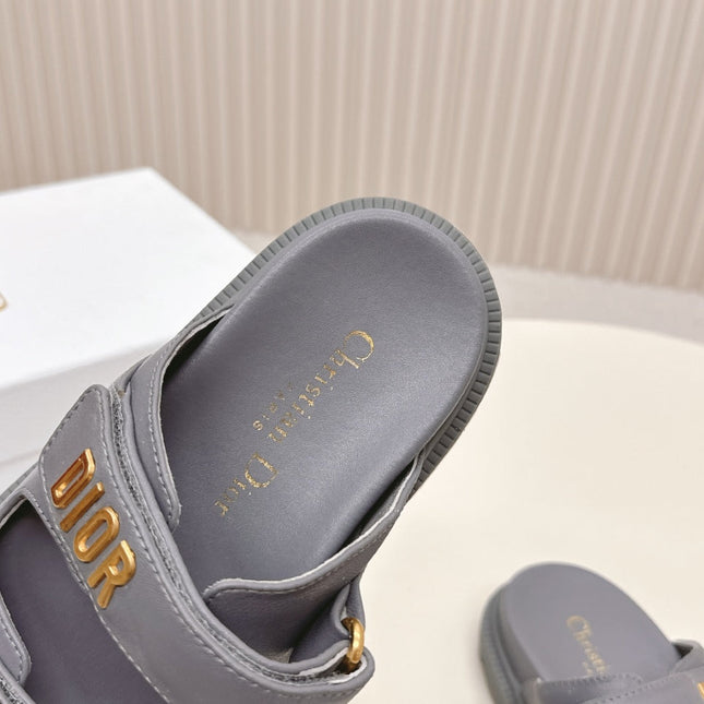 DIOR CLASSIC DOUBLE-STRAP SLIDES 25S IN ASH GRAY CALFSKIN