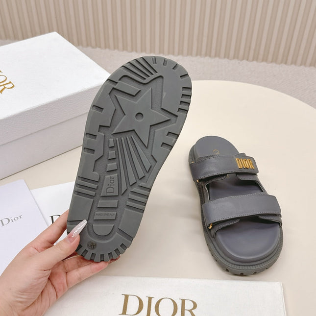 DIOR CLASSIC DOUBLE-STRAP SLIDES 25S IN ASH GRAY CALFSKIN