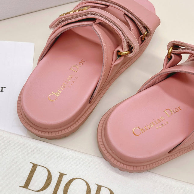 DIOR CLASSIC DOUBLE-STRAP SLIDES 25S IN PEACHY PINK CALFSKIN