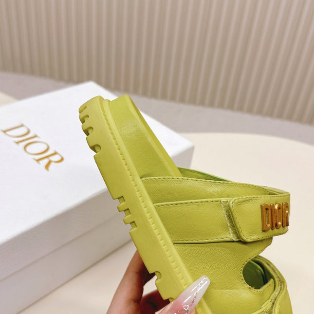 DIOR CLASSIC DOUBLE-STRAP SLIDES 25S IN OLIVE YELLOW CALFSKIN