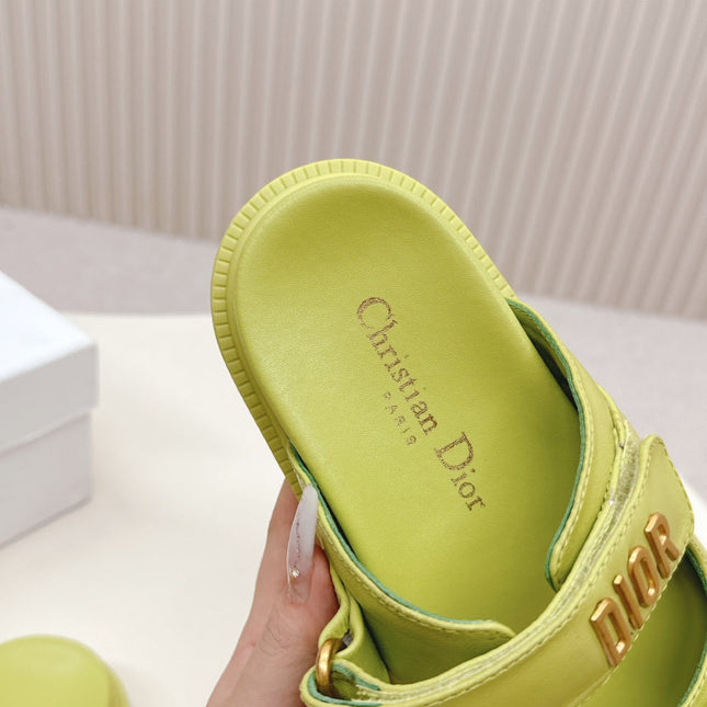 DIOR CLASSIC DOUBLE-STRAP SLIDES 25S IN OLIVE YELLOW CALFSKIN