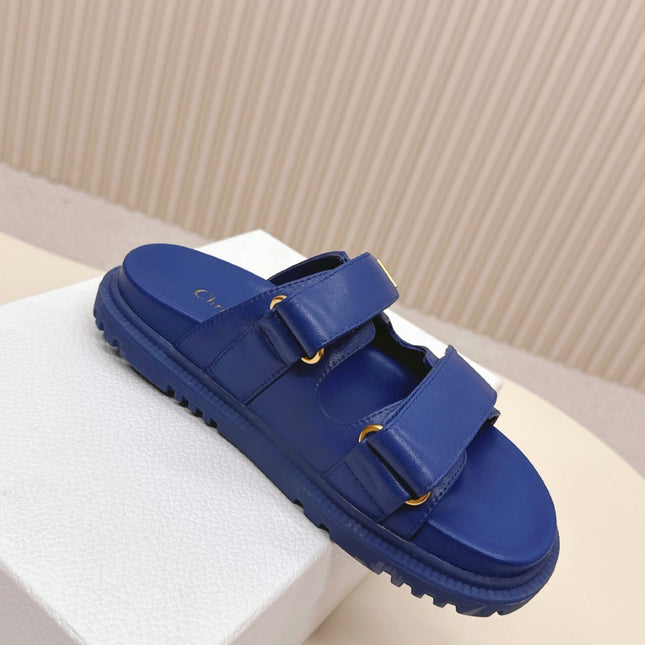 DIOR CLASSIC DOUBLE-STRAP SLIDES 25S IN NAVY BLUE CALFSKIN