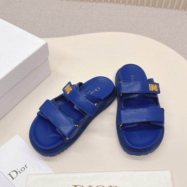 DIOR CLASSIC DOUBLE-STRAP SLIDES 25S IN NAVY BLUE CALFSKIN