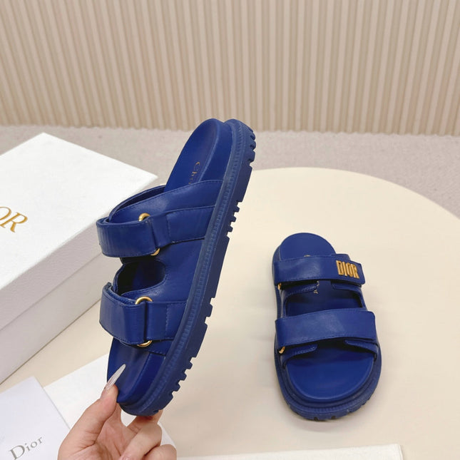 DIOR CLASSIC DOUBLE-STRAP SLIDES 25S IN NAVY BLUE CALFSKIN