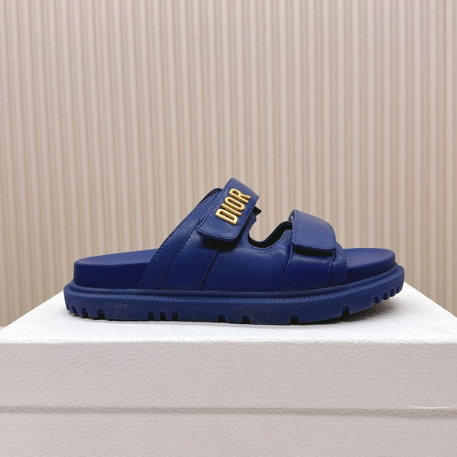 DIOR CLASSIC DOUBLE-STRAP SLIDES 25S IN NAVY BLUE CALFSKIN