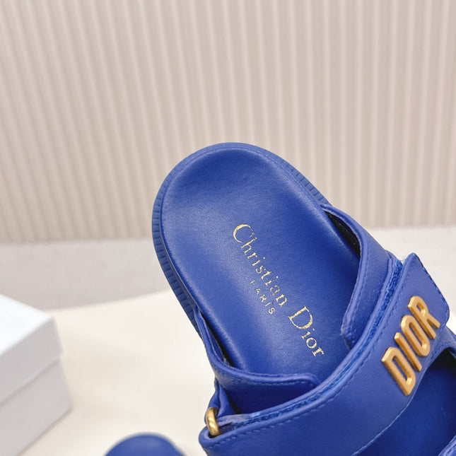 DIOR CLASSIC DOUBLE-STRAP SLIDES 25S IN NAVY BLUE CALFSKIN