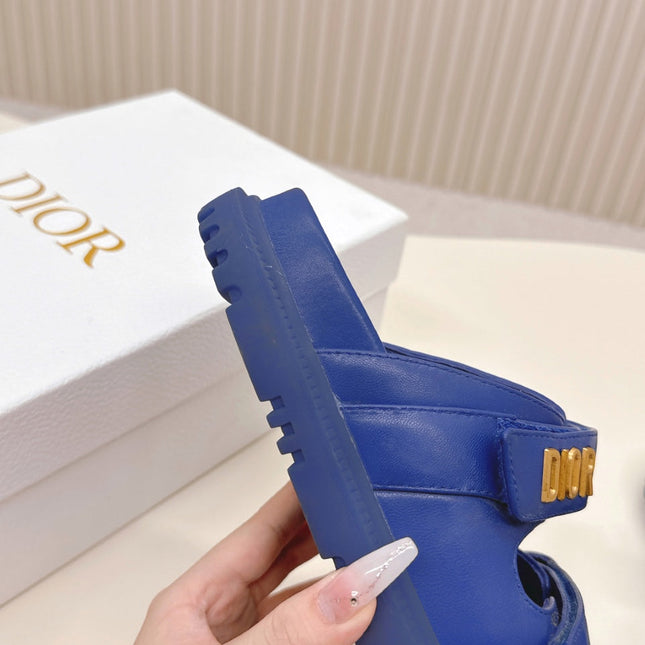 DIOR CLASSIC DOUBLE-STRAP SLIDES 25S IN NAVY BLUE CALFSKIN