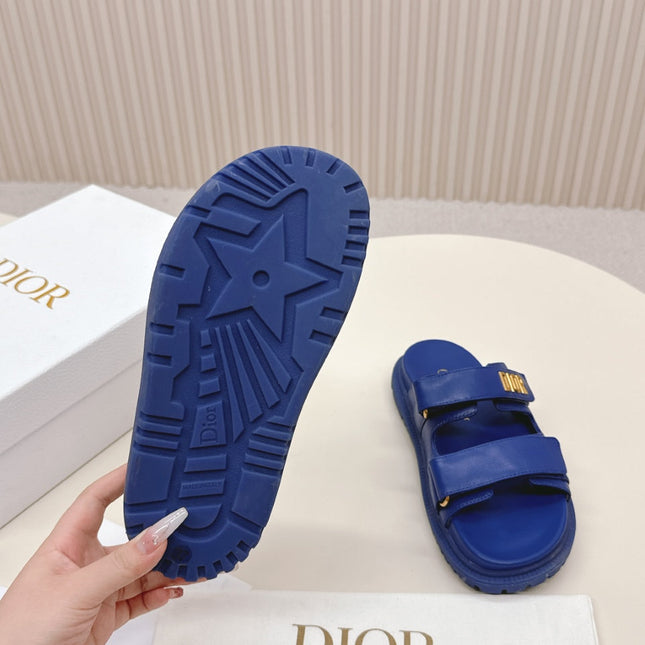 DIOR CLASSIC DOUBLE-STRAP SLIDES 25S IN NAVY BLUE CALFSKIN