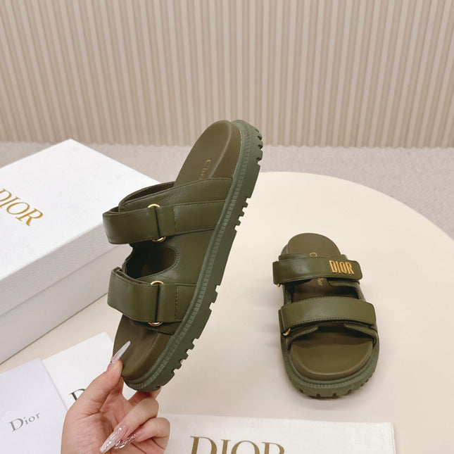 DIOR CLASSIC DOUBLE-STRAP SLIDES 25S IN MOSS GREEN CALFSKIN