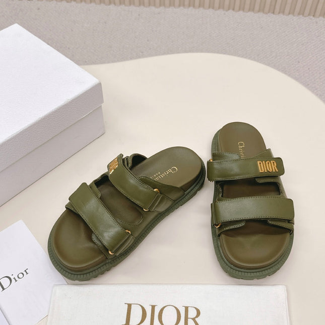DIOR CLASSIC DOUBLE-STRAP SLIDES 25S IN MOSS GREEN CALFSKIN
