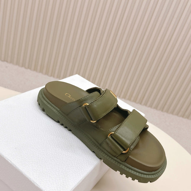 DIOR CLASSIC DOUBLE-STRAP SLIDES 25S IN MOSS GREEN CALFSKIN