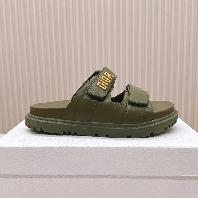 DIOR CLASSIC DOUBLE-STRAP SLIDES 25S IN MOSS GREEN CALFSKIN