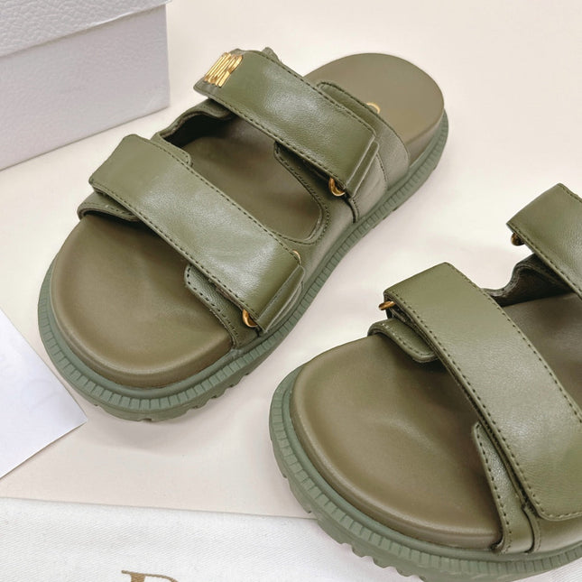DIOR CLASSIC DOUBLE-STRAP SLIDES 25S IN MOSS GREEN CALFSKIN