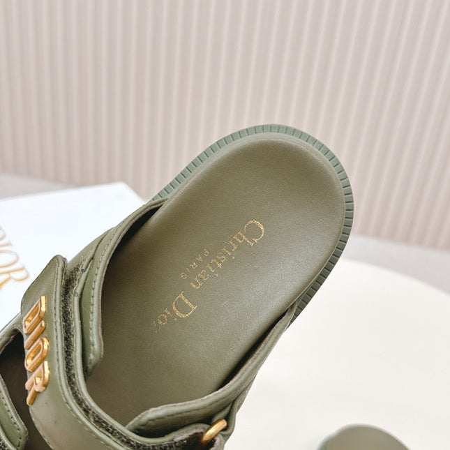 DIOR CLASSIC DOUBLE-STRAP SLIDES 25S IN MOSS GREEN CALFSKIN