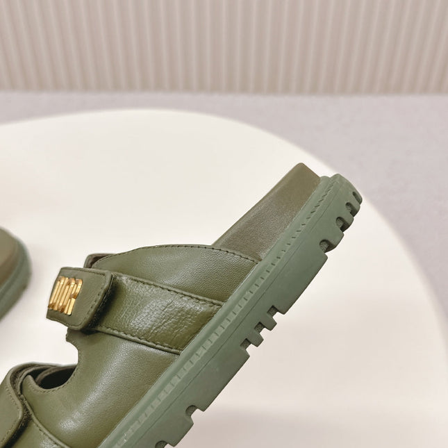 DIOR CLASSIC DOUBLE-STRAP SLIDES 25S IN MOSS GREEN CALFSKIN