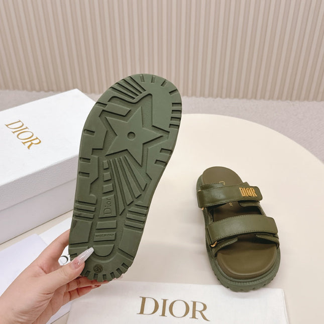 DIOR CLASSIC DOUBLE-STRAP SLIDES 25S IN MOSS GREEN CALFSKIN