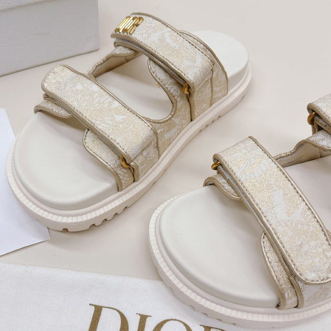 DIOR CLASSIC DOUBLE-STRAP SLIDES 25S IN WHITE MIX BEIGE FABRIC AND CALFSKIN