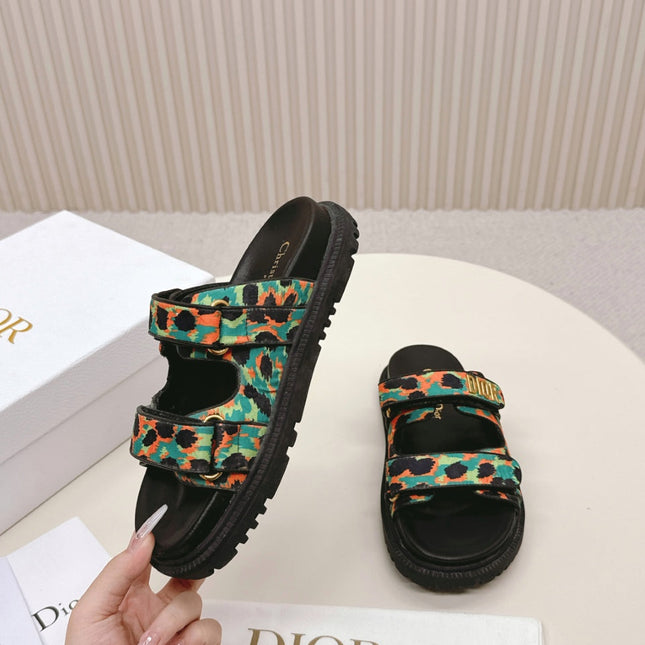 DIOR CLASSIC DOUBLE-STRAP SLIDES 25S IN MULTICOLOR FABRIC AND CALFSKIN