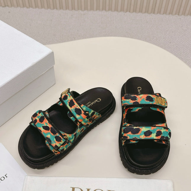 DIOR CLASSIC DOUBLE-STRAP SLIDES 25S IN MULTICOLOR FABRIC AND CALFSKIN