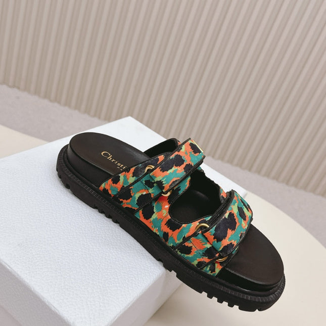 DIOR CLASSIC DOUBLE-STRAP SLIDES 25S IN MULTICOLOR FABRIC AND CALFSKIN
