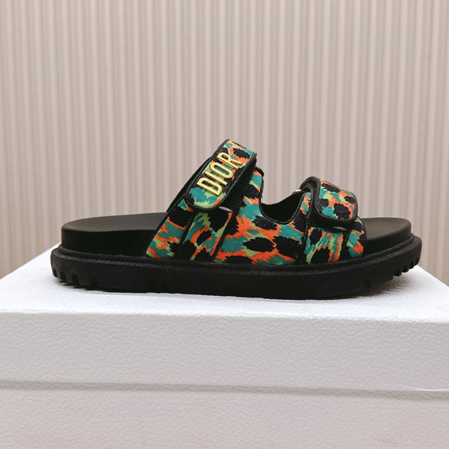 DIOR CLASSIC DOUBLE-STRAP SLIDES 25S IN MULTICOLOR FABRIC AND CALFSKIN