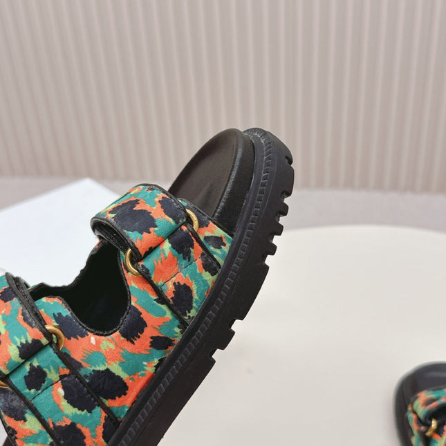 DIOR CLASSIC DOUBLE-STRAP SLIDES 25S IN MULTICOLOR FABRIC AND CALFSKIN