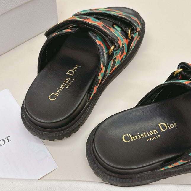 DIOR CLASSIC DOUBLE-STRAP SLIDES 25S IN MULTICOLOR FABRIC AND CALFSKIN