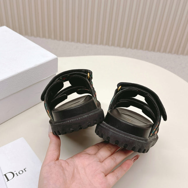DIOR CLASSIC DOUBLE-STRAP SLIDES 25S IN MULTICOLOR FABRIC AND CALFSKIN
