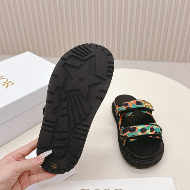 DIOR CLASSIC DOUBLE-STRAP SLIDES 25S IN MULTICOLOR FABRIC AND CALFSKIN