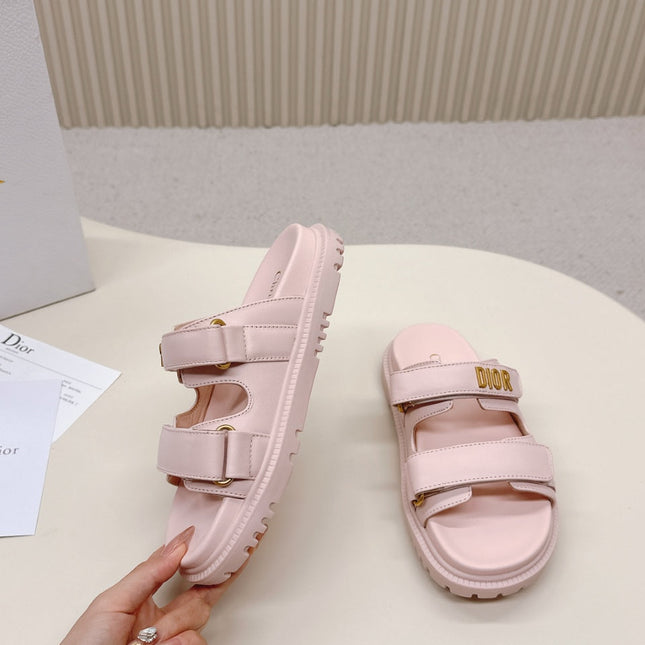 DIOR CLASSIC DOUBLE-STRAP SLIDES 25S IN PASTEL PINK CALFSKIN WITH GOLD HARDWARE