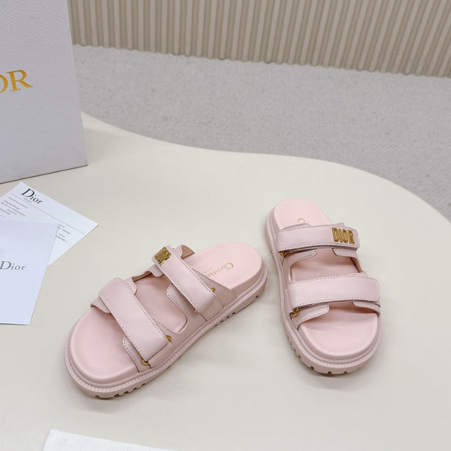 DIOR CLASSIC DOUBLE-STRAP SLIDES 25S IN PASTEL PINK CALFSKIN WITH GOLD HARDWARE