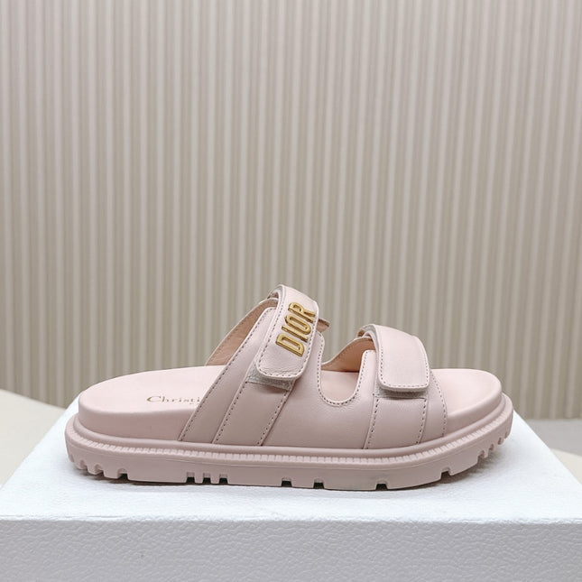 DIOR CLASSIC DOUBLE-STRAP SLIDES 25S IN PASTEL PINK CALFSKIN WITH GOLD HARDWARE